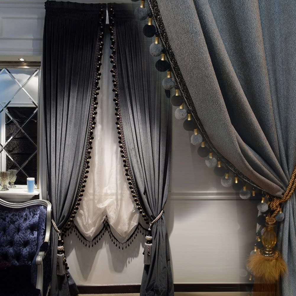 Helen curtain Luxury Pom Poms Curtain for Living Room Blackout Velvet 2 Panels Curtains Set Luxury Tassel Bedroom Curtains IronGrey50W108L2