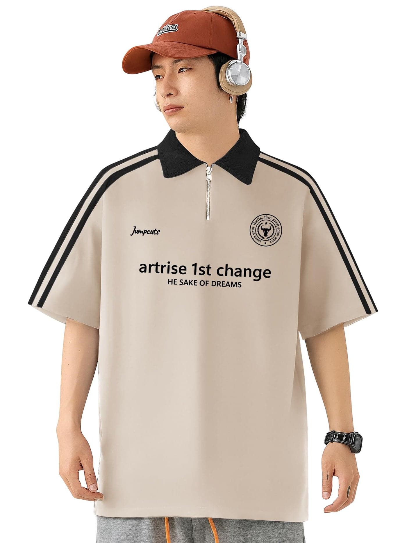 Jump Cuts Mens Printed Polo Neck Half Zipper Half Sleeve Cotton Blend Beige Tshirt