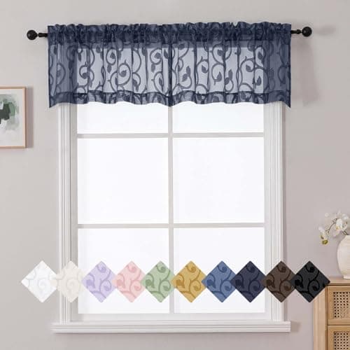 WelvetBLK Navy Blue Valances for Windows, Solid Geometric Jacquard Clip Short Sheer Curtains for Kitchen Living Room Bedroom Basement Window Curtains, Dual Rod Pocket Decor, 2 Pcs 42" Wx14 L Inch