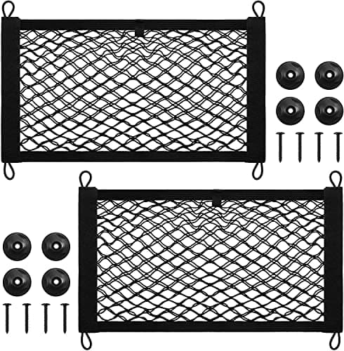 Frienda 2 Pieces Stretchable Small Cargo Net Pocket Storage Mesh Net Elastic Automotive Storage Pouch with 8 Pieces Mounting Screws and Hooks for Truck Car SUV Boats177 x 98 Inches