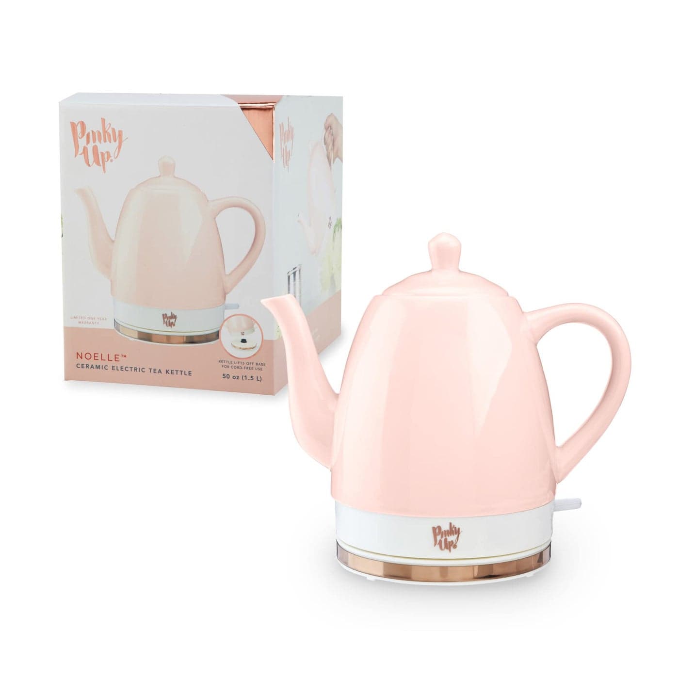 Pinky Up Noelle 15 L Pink Electric Ceramic Kettle with Gooseneck Cute Water Boiler for Hot Teas and Pour Over Coffee Blush with Rose Gold