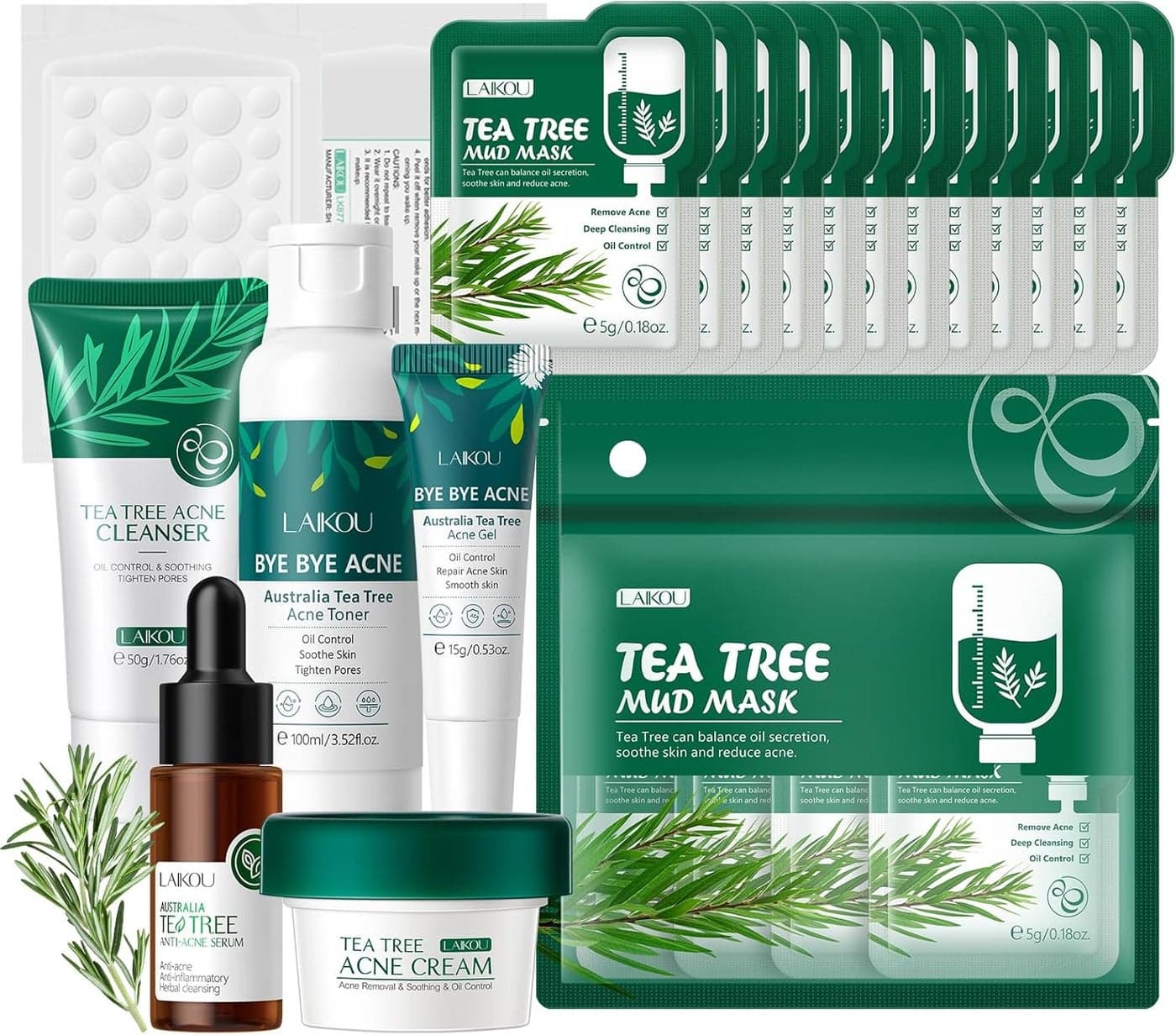 LAIKOU Tea Tree Skincare Set AntiAcne Face Care Kit with Cleanser Toner Serum Spot Gel Cream Mud Mask Pimple Patches Oil Control Soothing for Teenage Girls Women All Skin Types