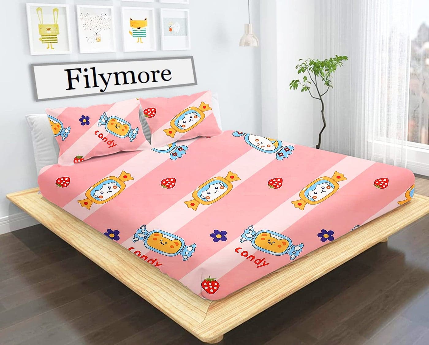 Filymore Candy Double Bedsheet for Kids Room 240 TC Microfiber Fabric Wrinkle Free Soft Hypoallergenic | Cartoon Bedcover Queen Size (90x90 Inches) Boys Girls Room(Peach)