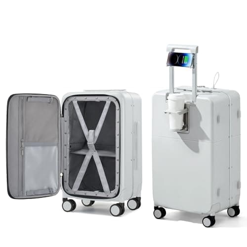 Hanke 20 Inch Carry On Luggage with Cup Holder and Charge,Top Opening Hard Shell Suitcases with Wheels and Dividers,Aluminum Frame Trunk Luggage Small Suitcase with Lock for Travel,Smoke White