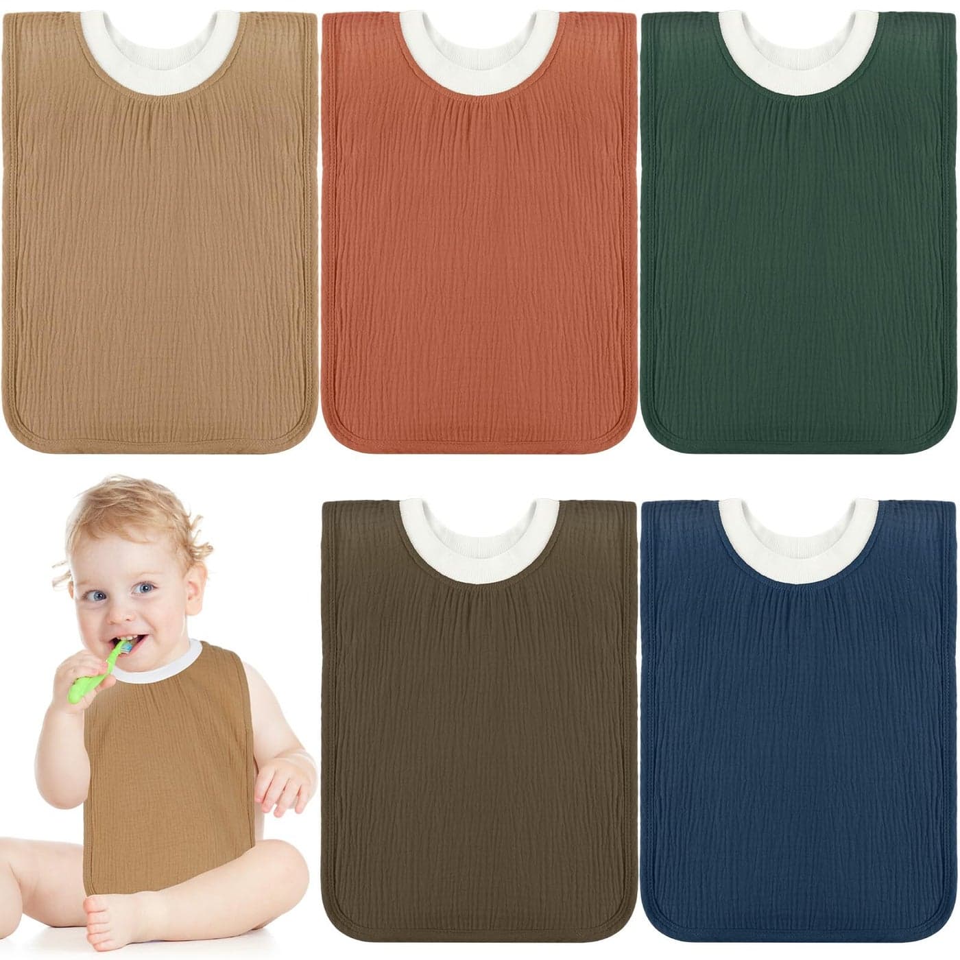 Newwiee Large Muslin Pullover Baby Bibs Full Coverage Toddler Slip on Absorbent Bib Waterproof Toddler Towel BibsStylish Color 5 Pcs