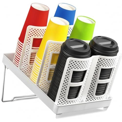 wymulot 6Slot Paper Cup and Lid Holder Disposable Coffee Cup Dispenser Upright Paper Cup Dispenser for Coffee Stations Kitchens Bars Restaurants Lounges White