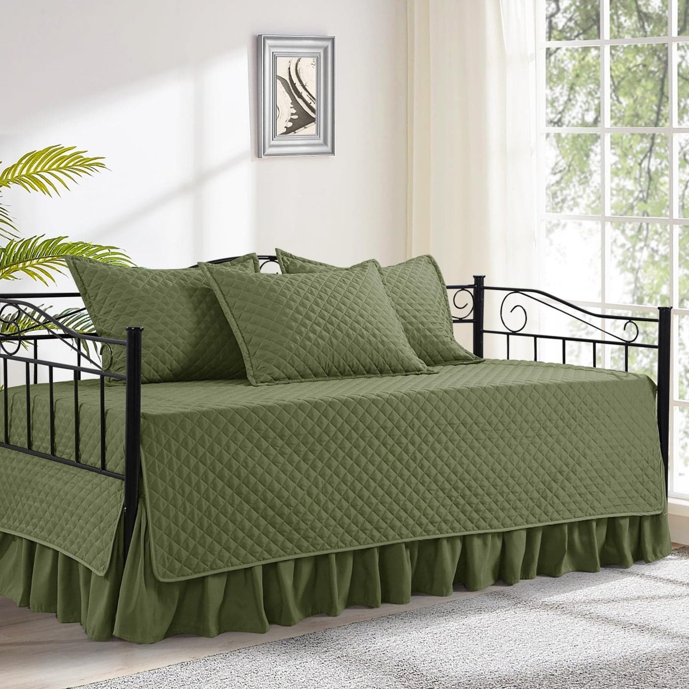 HOMBYS Daybed Cover Sets Diamond Stitching Daybed Bedding Set All Season Cozy Bedding with Bedskirt with Shams Microfiber Filling 5 Pieces OliveGreen