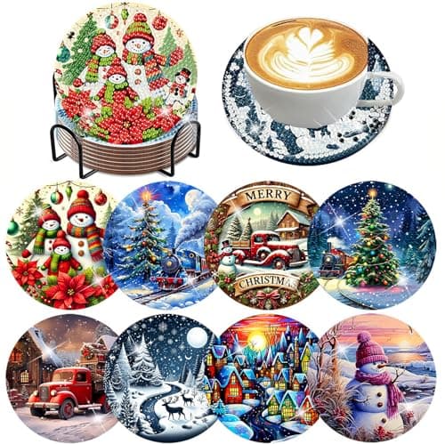 ijbnhd 8 PCS Christmas Diamond Art Coasters Kit Diamond Painting Coasters with Holder Non Slip Coaster Art Supplies for Adults Christmas Gift 4X4inch Cork Wooden Pad