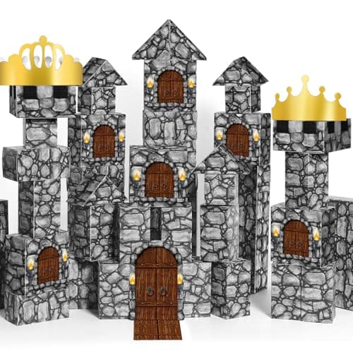 MotiMind 47 Pcs Jumbo Cardboard Castle Building Blocks New Year Gift DIY Building Blocks Large Stone Box Collapsible Reusable Jumbo Crown for Castle House Birthday Indoor Outdoor Party Black