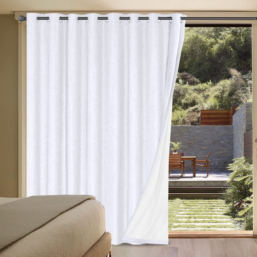 HVERSAILTEX White Linen Blackout Curtains Durable Thick Textured Linen Look 100 Blackout Patio Door Curtain Anti Rust Grommet Extra Wide Sliding Door Curtain Panel W100 x L96 inch Bright White