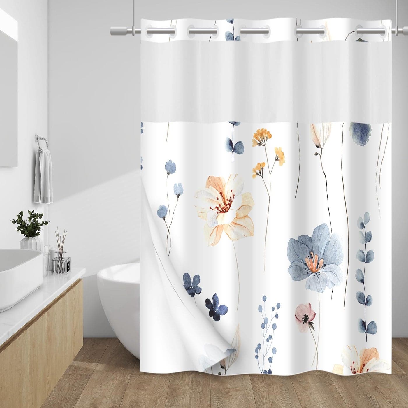 WITHLOC No Hook Shower Curtain with Snap in Liner Watercolor Floral Shower Curtain Fabric Waterproof Inner Liner Plants Blue Beige Flowers White Cloth Shower Curtains Washable 71 x 74 Inch