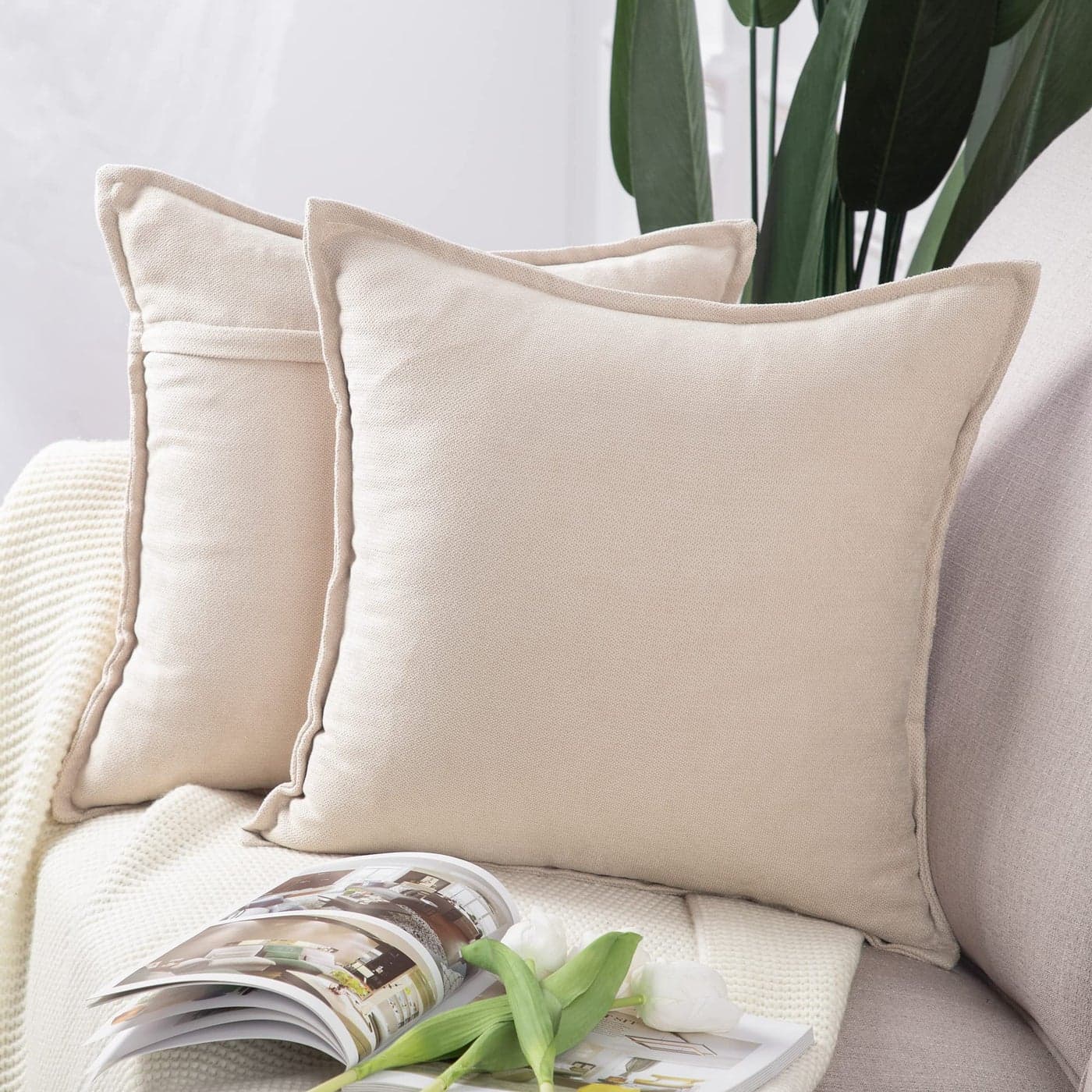 MADIZZ Set of 2 Short Chenille Throw Pillow Covers 24x24 Inch Beige Soft Decorative Cushion Cover for Sofa Bedroom Pillow Shell