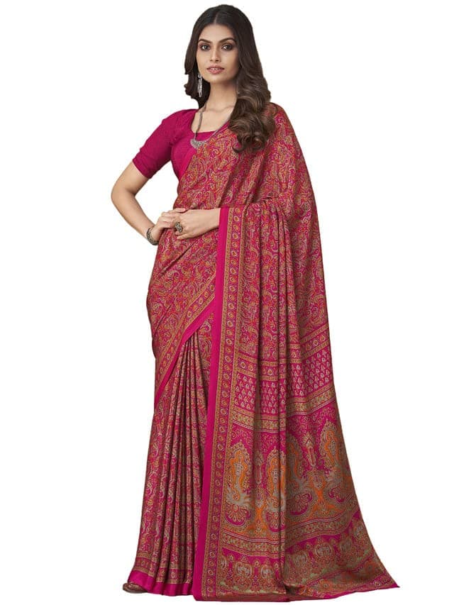 Satrani Women'S Silk Crepe Floral Printed Saree With Unstitched Blouse Piece(2858S2464N_Dark Pink)