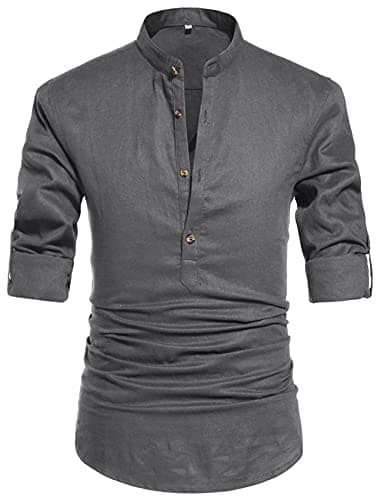 NITAGUT Men Henley Neck Long Sleeve Daily Look Linen Shirts Casual Beach T Shirts (US M/Chest 38-41, Dark Grey)