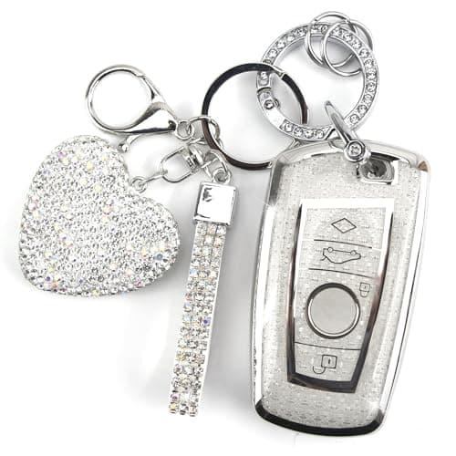 YIKECASE Key Fob Cover with Diamond Keychain Car Key Holder Compatible with BMW X1 X3 X4 X5 X6 1 2 4 5 6 7 M3 M5 M6 GT3 GT5 G30 F10 F15 F16 F20 Protector for Women, 3 Buttons (Silver-Heart)