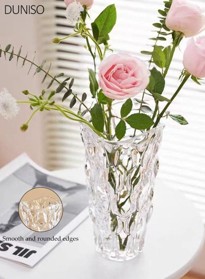 Clear Glass Vase, American-style Lustrous Crystal Glass Vase, 24 cm Modern Minimalist Decorative Vase for Home Decor, Living Room, Dining Table & Office Decor