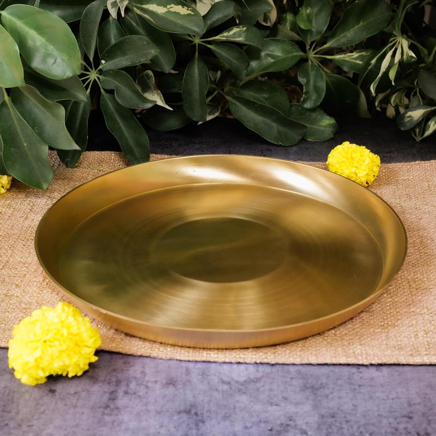 Ambi 100 Pure Brass Regular Dining PlateThaliPooja Plate 115 inches 1kg Curved Edge Traditional Ayurvedic Brass Thali
