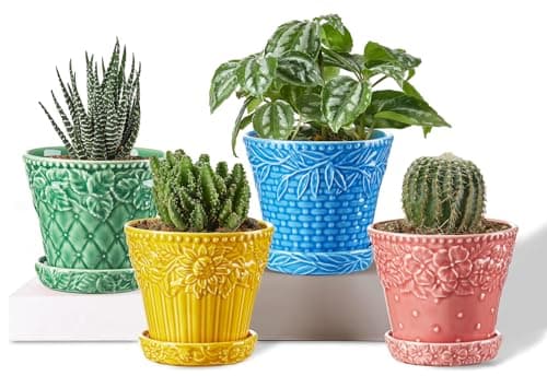Metahom Succulent Ceramic Pots, 3.8 Inch Small Plant Pots with Drainage Hole & Saucer, Flower Planter Pot for House Plants Cacti, Home Decor, Set of 4, Assorted Colors
