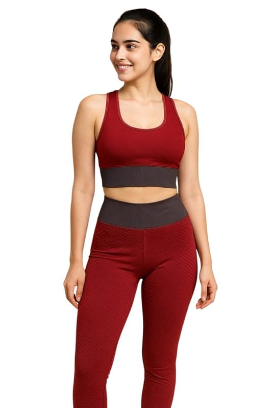 Malvina Women's Seamless Yoga Set – High-Waist Leggings and Sports Bra (Red,Small)