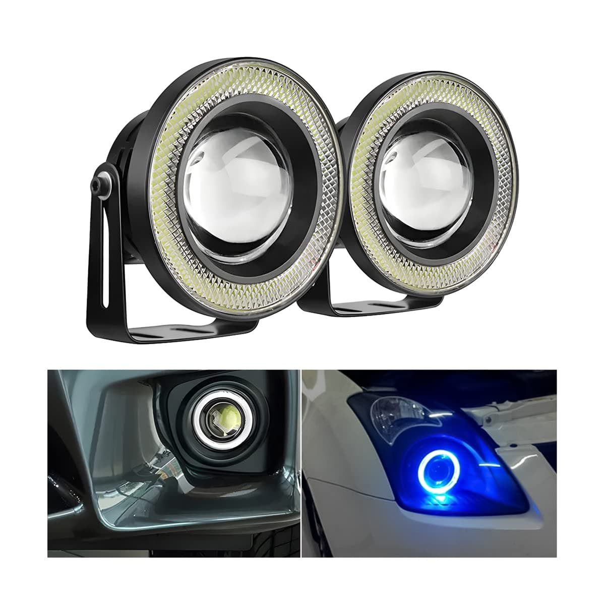 2PCS Car Angel Eye Fog Light Round COB LED Lamp High Power Bright with White Halo Angel Eye Rings Headlight Universal Daytime Running Light DRL Car Driving Bulbs Projector Blue