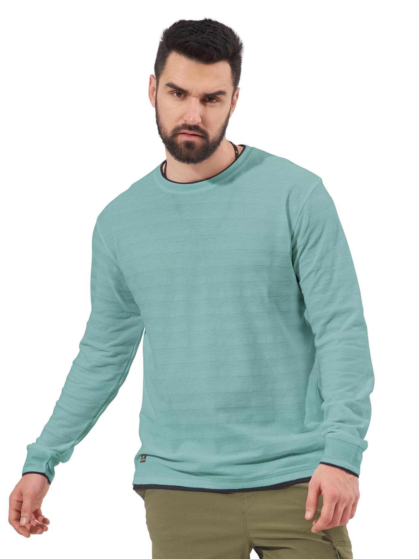 Maniac Mens Solid Round Neck Full Sleeve Barley Green Cotton Slim Fit Sweatshirt