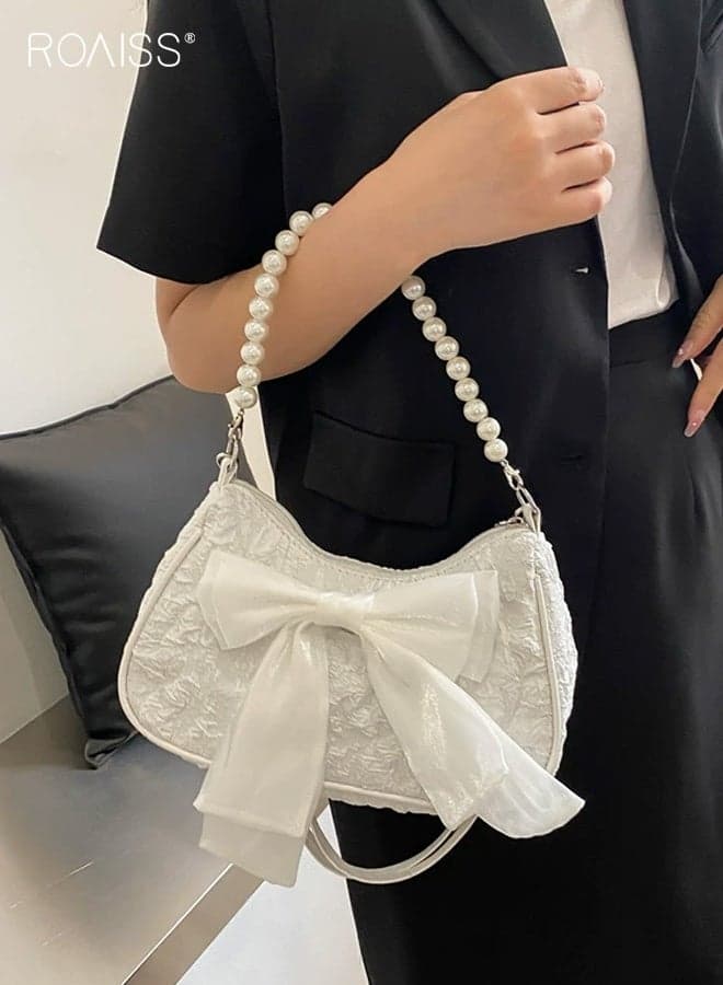 Women's Pearl Shoulder Bag, New Cotton-Linen Wrinkle Underarm Bag, Niche Bow Shoulder Bag, Trendy Fashionable Soft Leather Adjustable Strap Small Square Bag, White
