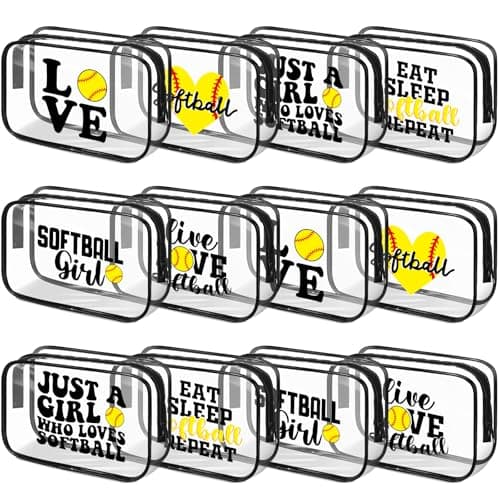 Reginary 12 Pcs 7 x 4.7 x 2.4'' Softball Makeup Bag Softball Gifts for Team Clear PVC Softball Cosmetic Case Softball Goodie Bag Stuffers Accessories for Woman Toiletry Zipper Pouch Team Party Favors