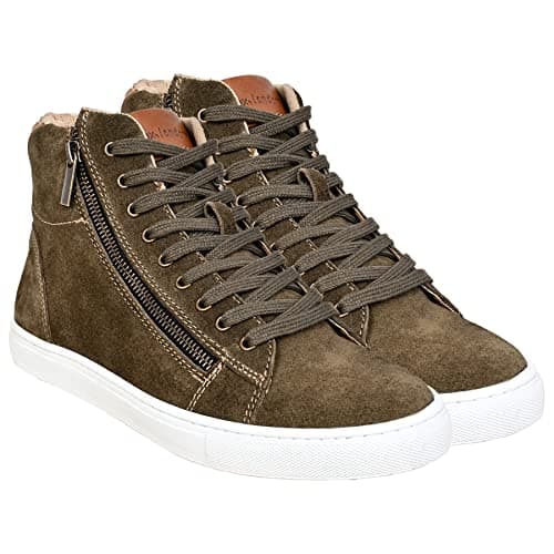Hx London Suede Leather Zip & Lace-Up Mid Ankle Sneakers for Men Olive, Size_10
