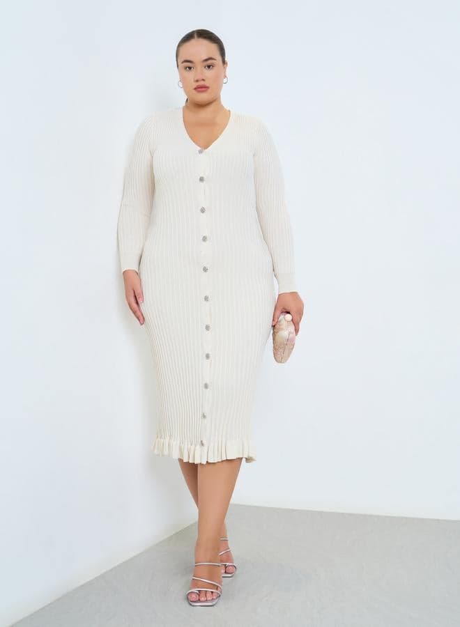 Plus Size Knitted Buttoned Midi Dress