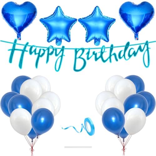 Flyloons Happy Birthday Decoration Kit Blue White for Baby Boys Girls Kids Princess Twins Men Women Husband Wife With 20 Pcs Metallic Balloons Birthday Banner 4 Pcs Star Heart Items Set