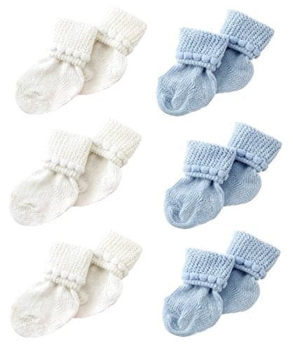 Nurses Choice 6 Pairs Blue & White Newborn Baby Stay-On Socks 0–3 Months, Bubble Cuff Cotton Socks That Don’t Fall Off, Baby Boy Booties, Hospital Trusted Essentials