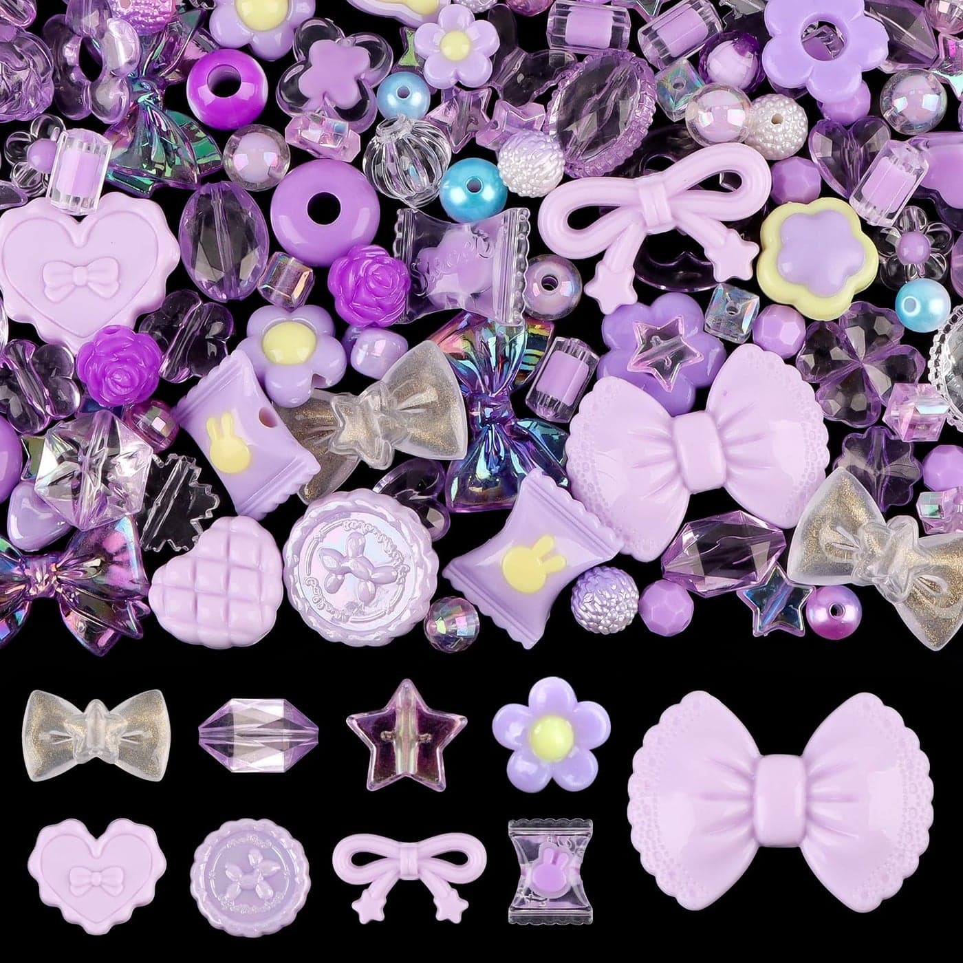 150PCS Acrylic Pastel Beads for Jewelry Making Kalolary Colorful Bow Butterfly Flower Kawaii Plastic Candy Heart Cute Macaroon Aesthetic Beads for Bracelet Necklace DIY Supplies Purple