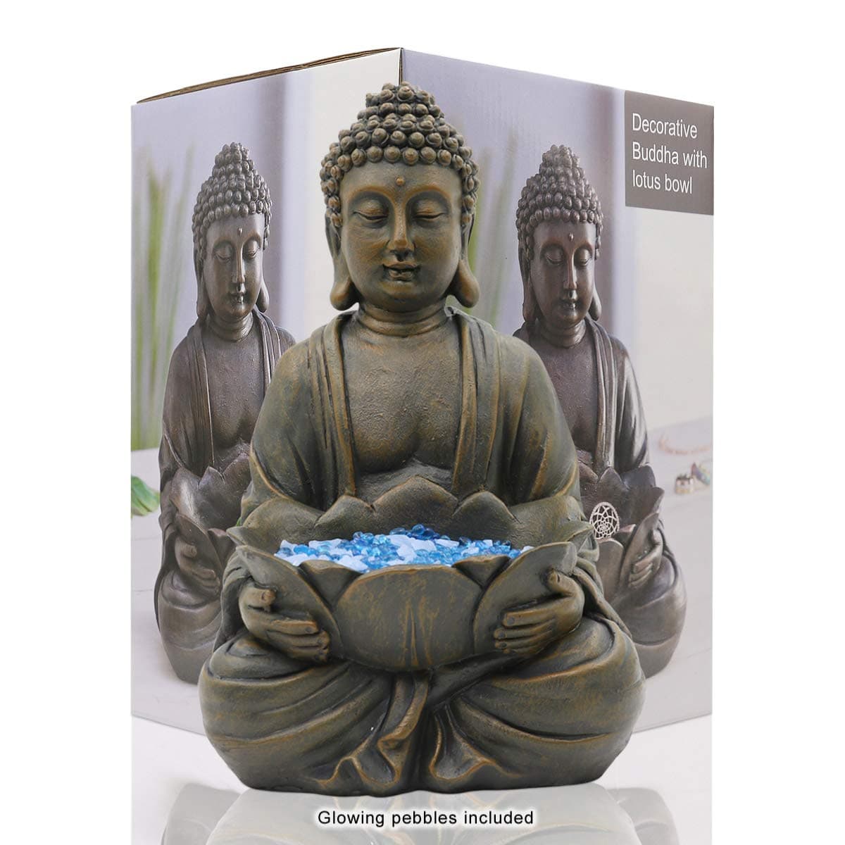 Goodeco 12 Meditating Buddha Statue Figurine wLotus Zen Garden Statues for IndoorOutdoor Decor with Magical Glow in Dark Pebbles Glass Stones Ideal Gifts for Home Brown
