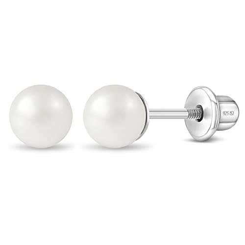 In Season Jewelry Simulated Pearl Kids Earrings – 925 Sterling Silver Hypoallergenic Earrings for Girls with Safety Screw Backs – Safe & Comfortable for Toddlers, Kids & Little Girls, 5mm