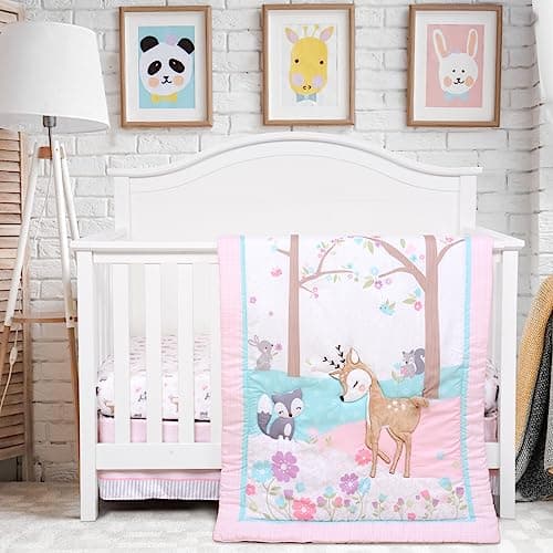 UOMNY Crib Bedding Set for Girls 3 Piece Woodland Baby Girl Crib Bedding Set Include Fitted Crib Sheet Comforter Crib Skirt