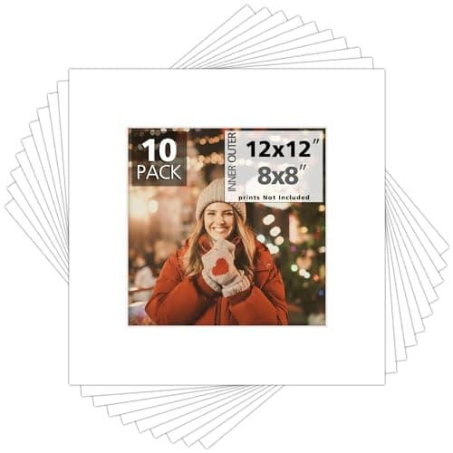 Mat Board Center, Pack of 10, 12x12 White Color White Core Picture Mats for 8x8 Photos
