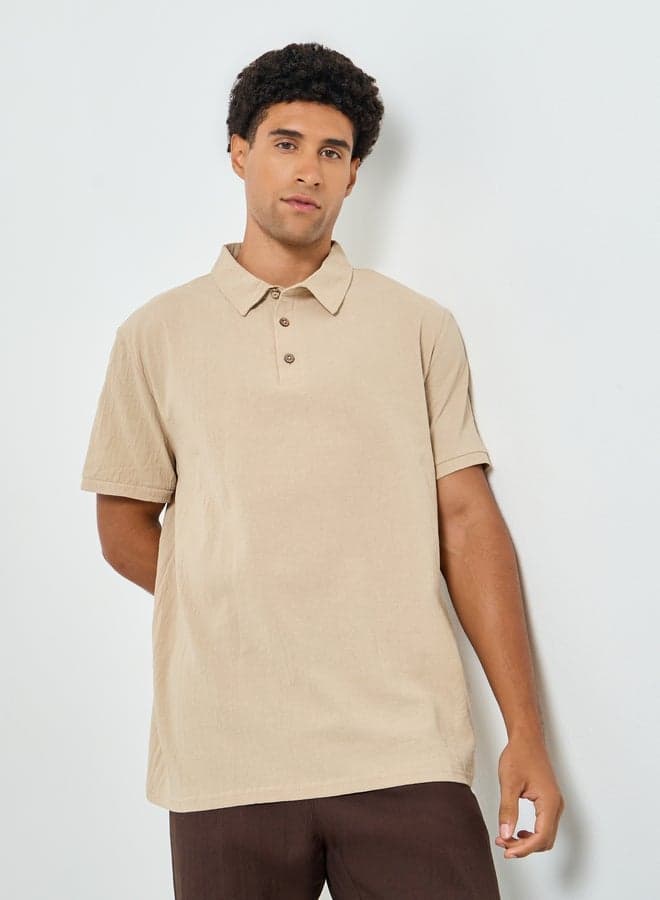 Men Beige Linen Blend Short Sleeve Polo