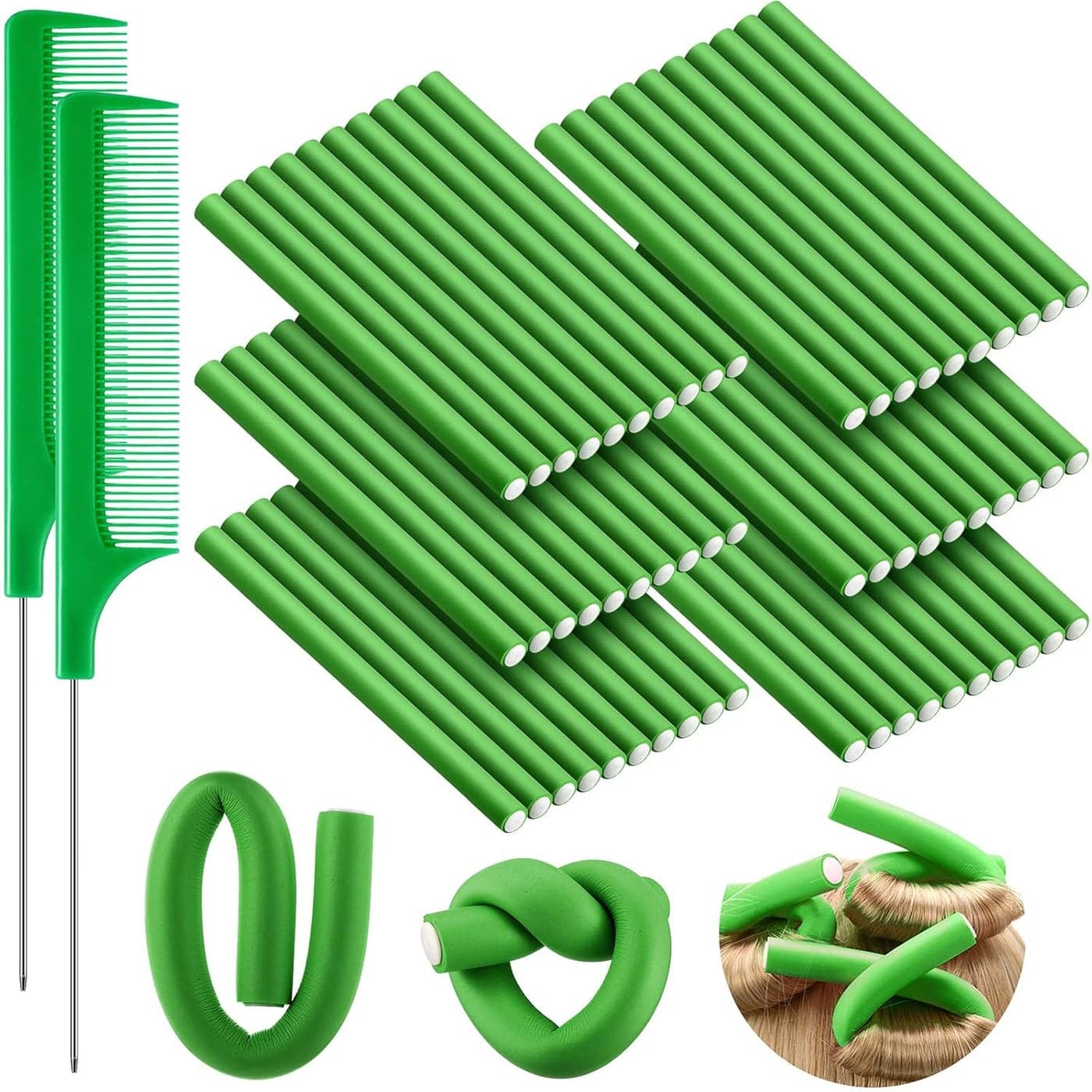 60 Flexible Rods Hair Curlers Set for Women Girls No Heat Twist Rollers for Long and Short Hair Green 05 x 7 Inch