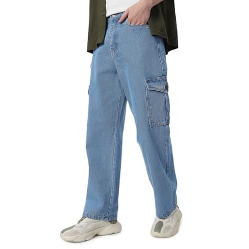 Neostreak Men's Light Blue Loose Baggy Fit Washed Cargo Jeans with 6 Pockets Non-Stretchable (neojeanlscargo-01-lblue-34)
