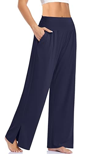 UEU Womens Wide Leg Yoga Pants High Waisted Adjustable Tie Knot Joggers Casual Loose Plus Size Lounge Sweatpants with Pockets (Navy, M)