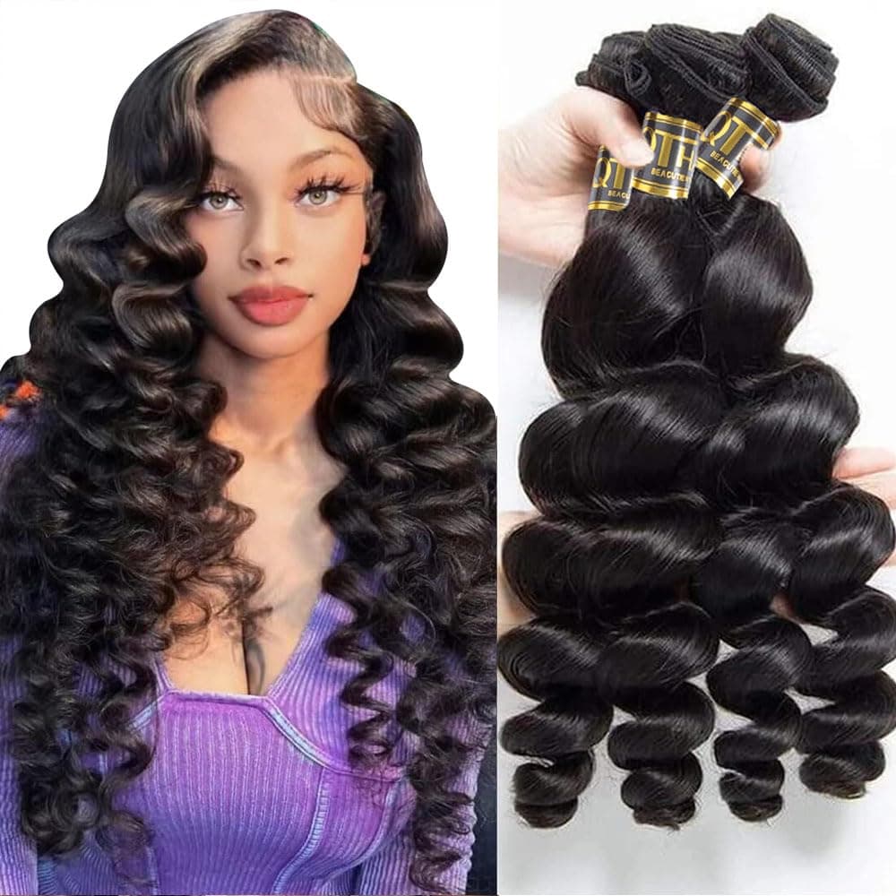 QTHAIR 14a Brazilian Loose Wave Human Hair Bundles for Black Women (18" 20" 20",Natural Black #1b) Loose Body Wave Human Hair Bundles Loose Wave Human Hair