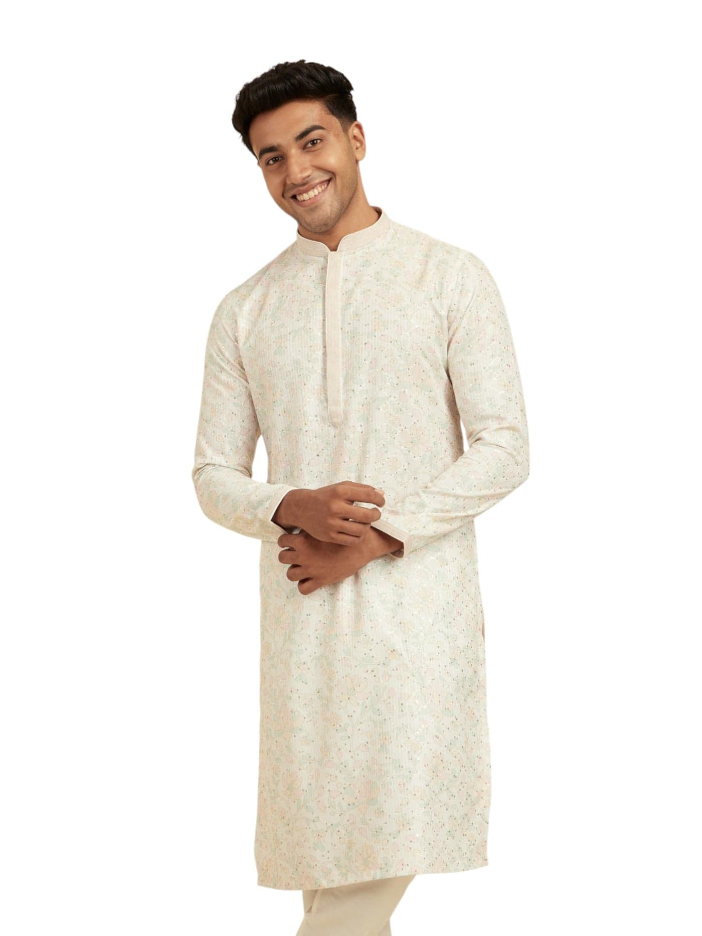 DIWAS BY MANYAVAR Men's Cotton Blend Floral Printed & Sequinned Kurta (Warm White,S)
