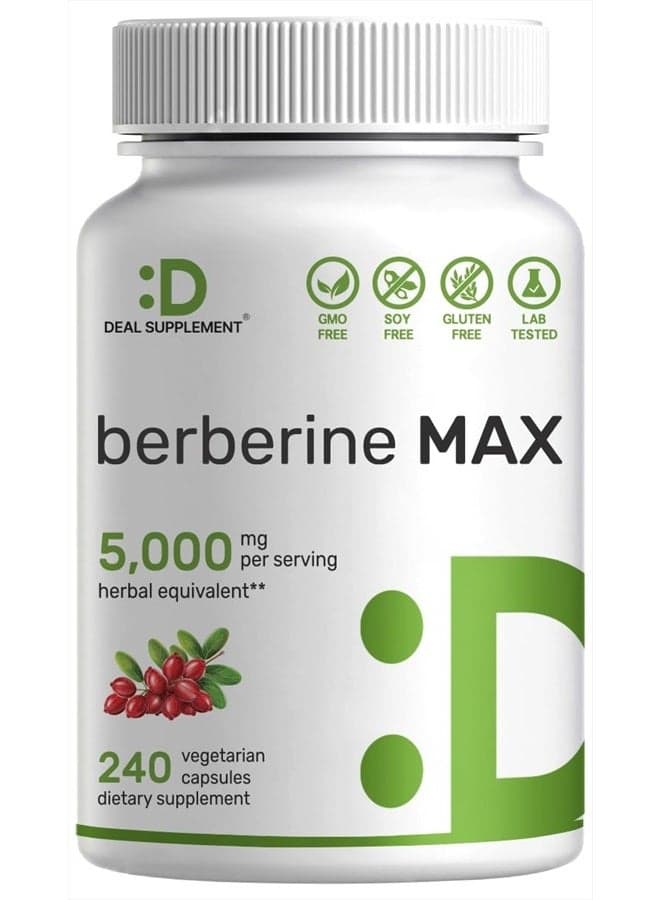 Berberine Max Supplement, 5,000mg Per Serving, 240 Veggie Capsules – 97% Pure Berberine HCL – 25:1 Root Extract – Vegetarian Friendly, Non-GMO