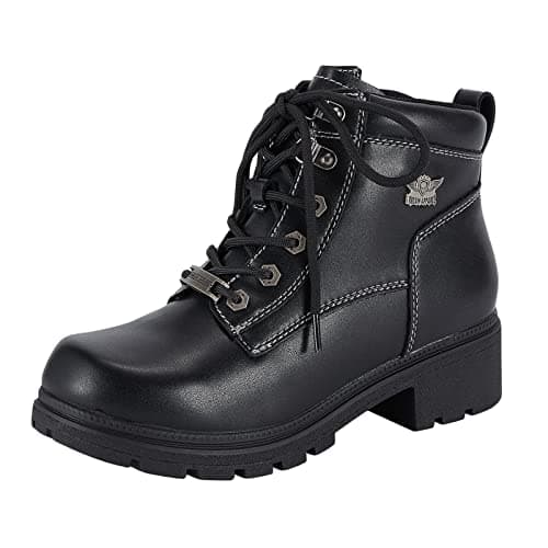 Dream Apparel Womens Lace Up Motorcycle Riding Boots with Side Zipper, Black Faux Leather Ankle Booties Biker Boots, Military Combat Booties for Ladies with Low Heel, 8