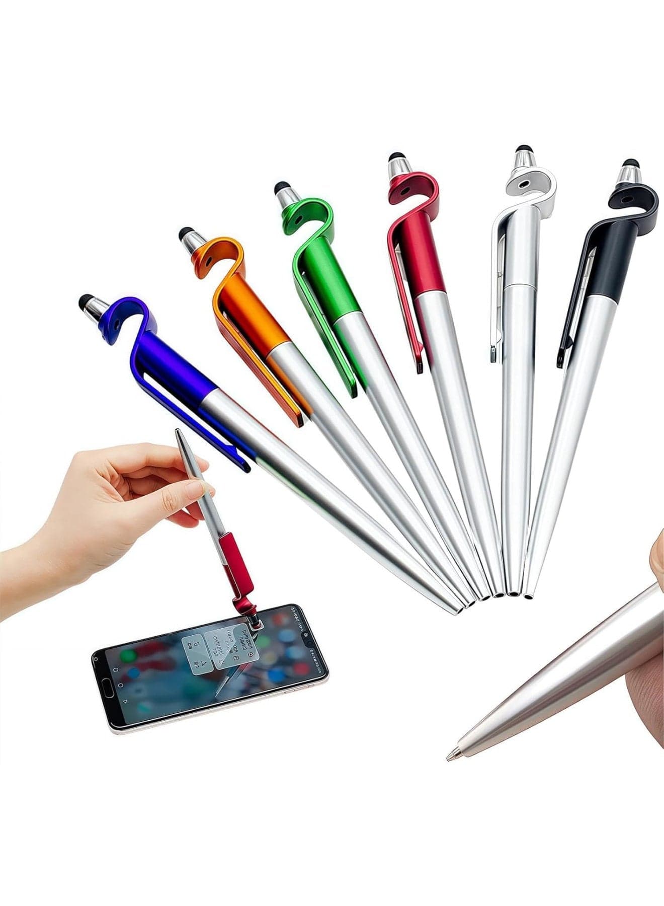 6-Pcs 3-in-1 Stylus Pen, Ballpoint Pen with Touch Screen Stylus and Phone Stand, 1.0mm Smooth Blue Ink for Writing on All Touchscreen Devices, Tablets, Phones, for School, Office, and Home Use