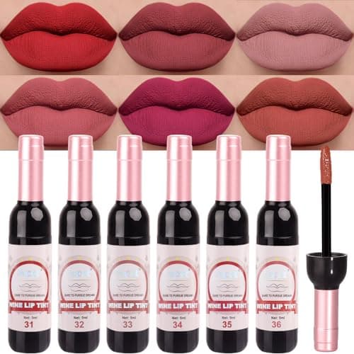 evpct Wine Bottle Lip Tint Stain 6 Colors Set Ruby Red Chestnut Nude Brown Mauve Plum Purple Matte Long Lasting 24 Hour Liquid Lipstick Set for Women labiales mate 24 horas originales labiales magicos