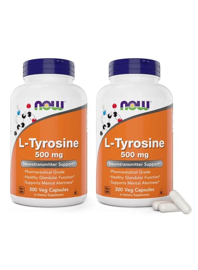 L-Tyrosine 500mg, 300 Capsules (Pack of 2) - Non GMO Supplement - 500 mg Caps - Free Form Ltyrosine