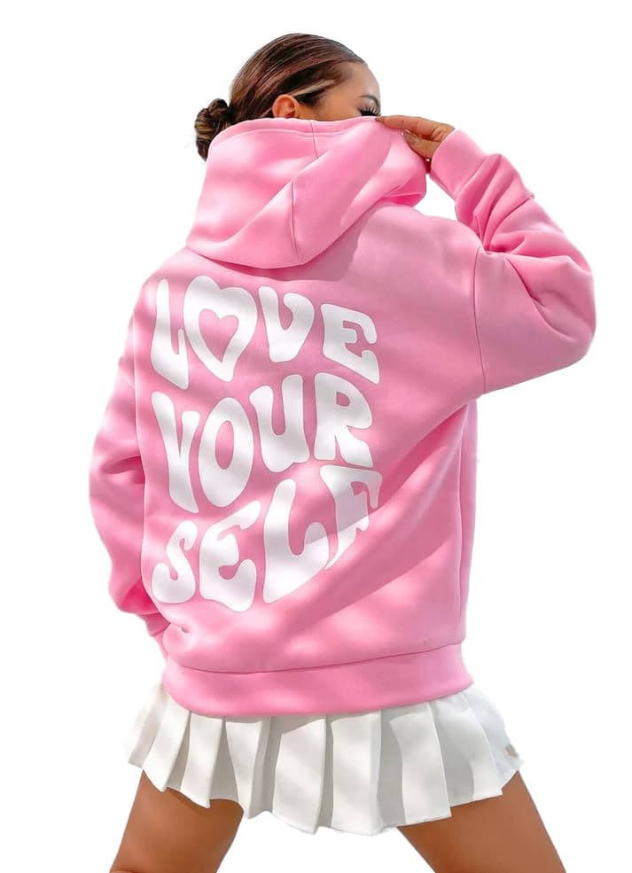 THALASI Women Back Printed Oversized Pink Sweatshirts with Hoodies - Cotton Winter Hoodies with Stylish Chest Pocket and Aesthetic Vibes & Full Sleeve Winter Wear for Women