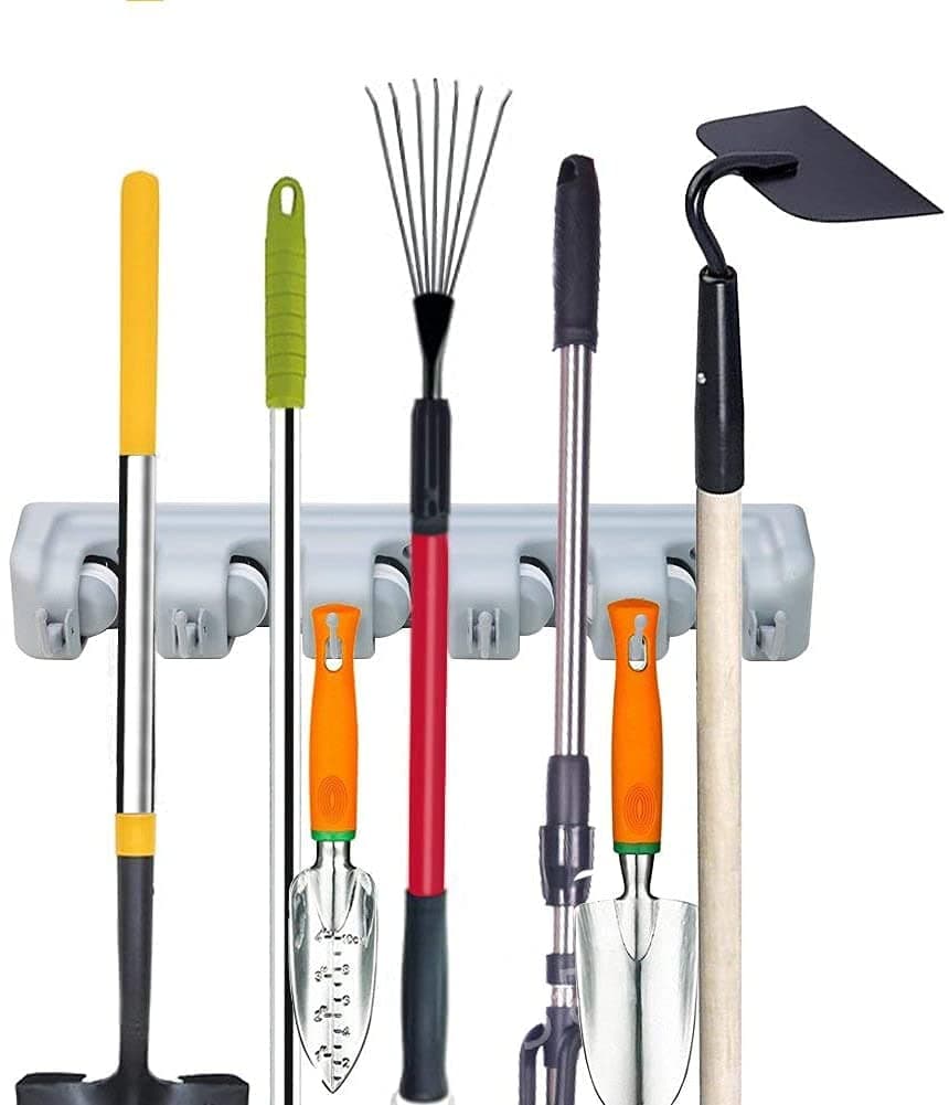 SHREE HANS CREATION Wall Mounted Mop and Broom Holder with 5 Slot Position with 6 Hooks Garage Storage up to 11 Tools Wall Mounted and Upgraded with Effective Strong Holding