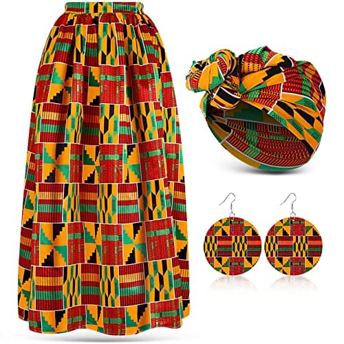 Haysandy 3 Pcs Women African Printed Maxi Skirt with Pockets Set Casual Stretch Head Wrap Scarf Drop Dangle Earrings(XL,Classic Style)